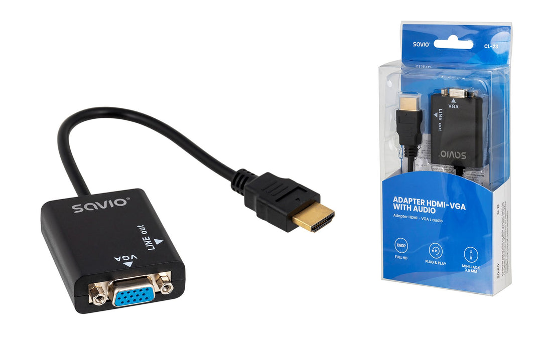 Savio CL-23 адаптер за видео кабел 0,5 м VGA (D-Sub) HDMI тип A (стандартен) черен