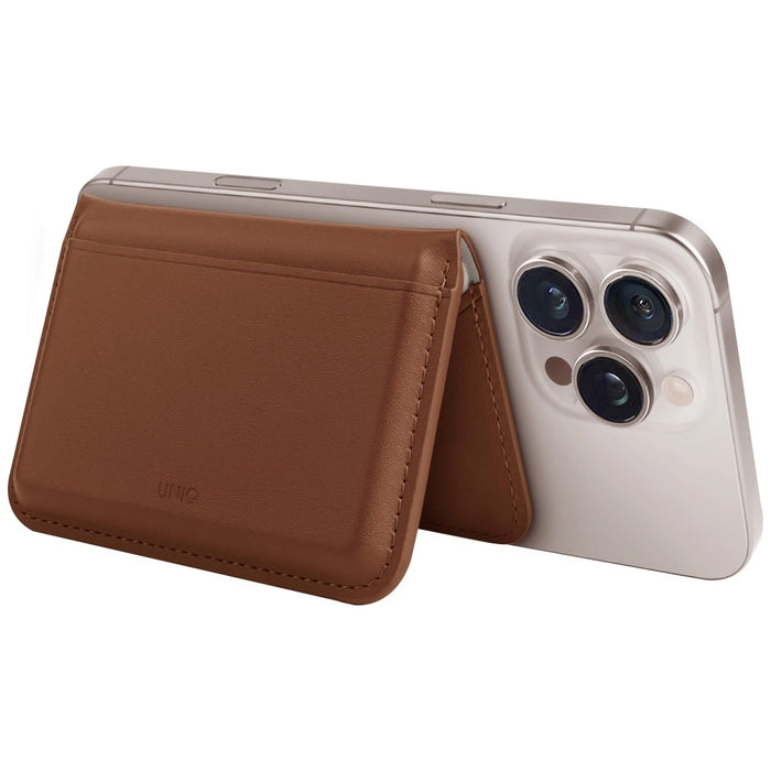 Uniq Lyden DS RFID магнитен портфейл със стойка за телефон - кафяв