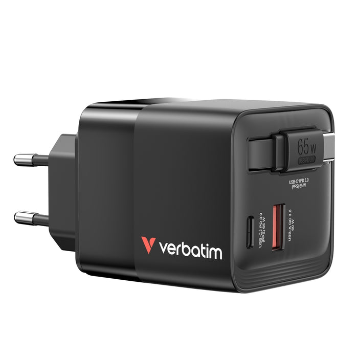 Verbatim Mini GaN Charger 65W 2 порта, прибиращ се кабелен дисплей, щепсели за САЩ с адаптери за ЕС и Обединеното кралство