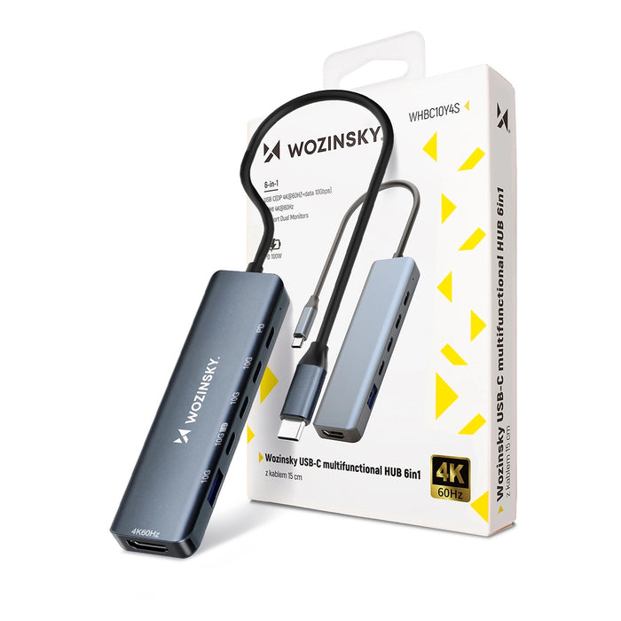 USB-C 6 в 1 хъб Wozinsky WHBC10Y4S мултифункционален, алуминиев, с 25 см кабел - сив