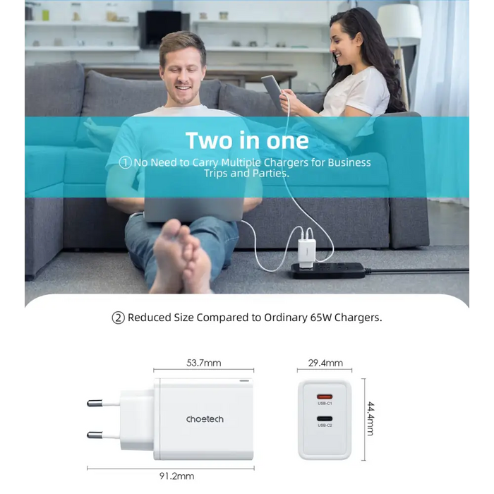 Адаптер Choetech PD6013 2x USB-C PD 65W GaN бял