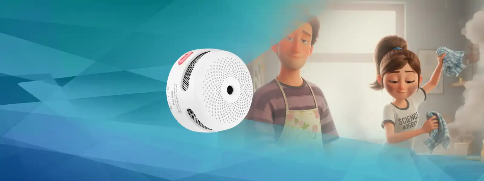 Детектор за дим с бял и черен дизайн, кръгла форма, пластмасов материал.