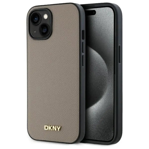 DKNY Grained Metal Logo MagSafe Калъф за iPhone 15 - бежов