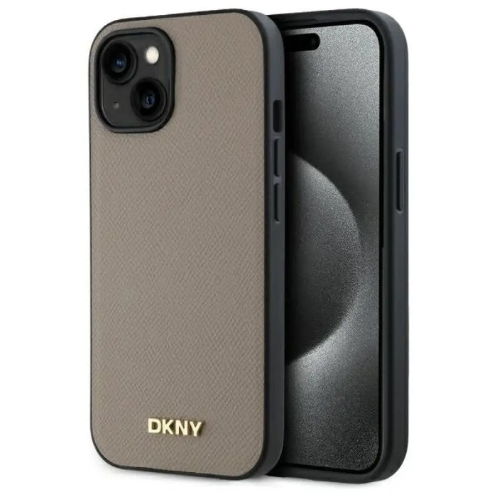 DKNY Grained Metal Logo MagSafe Калъф за iPhone 15 - бежов