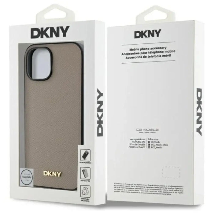 DKNY Grained Metal Logo MagSafe Калъф за iPhone 15 - бежов