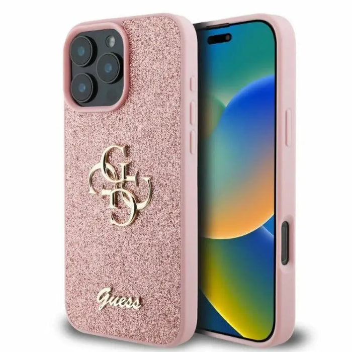 Голям 4G калъф Guess Fixed Glitter за iPhone 16 Pro Max