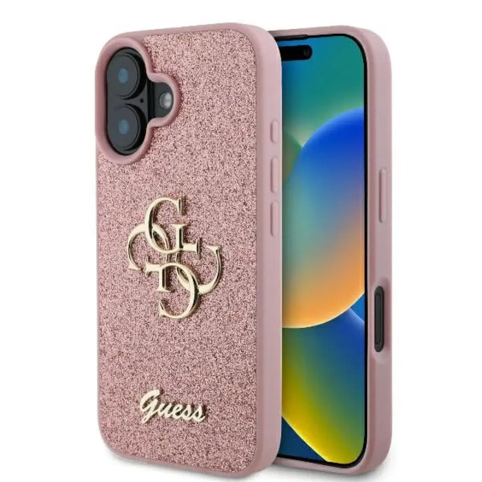 Голям калъф Guess Fixed Glitter 4G за iPhone 16 - розов