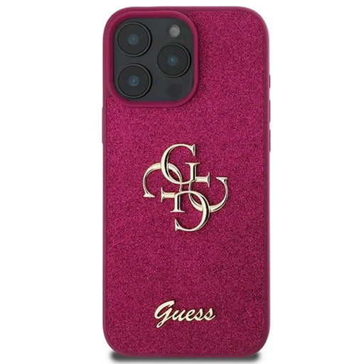 Голям калъф Guess Glitter Script 4G за iPhone 16 Pro - лилав