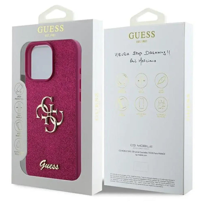 Голям калъф Guess Glitter Script 4G за iPhone 16 Pro - лилав