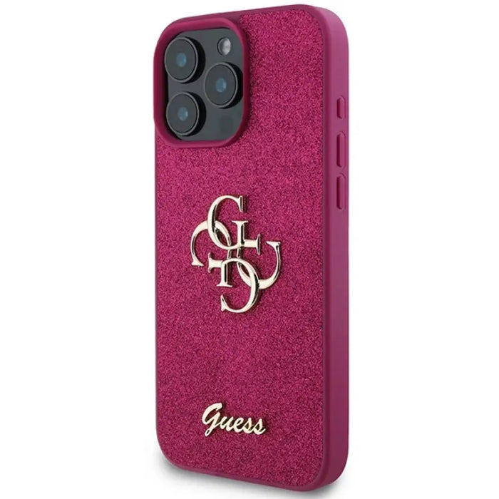 Голям калъф Guess Glitter Script 4G за iPhone 16 Pro - лилав