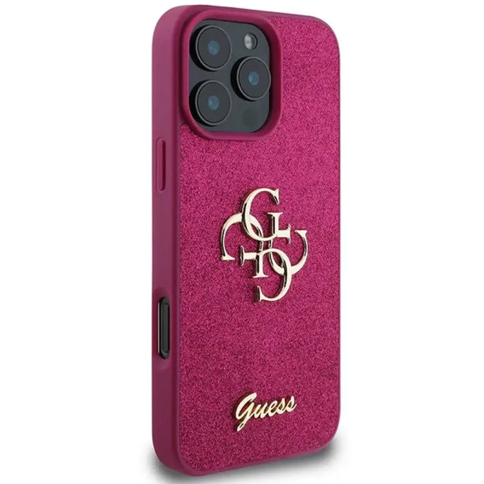 Голям калъф Guess Glitter Script 4G за iPhone 16 Pro - лилав