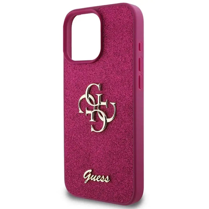 Голям калъф Guess Glitter Script 4G за iPhone 16 Pro - лилав