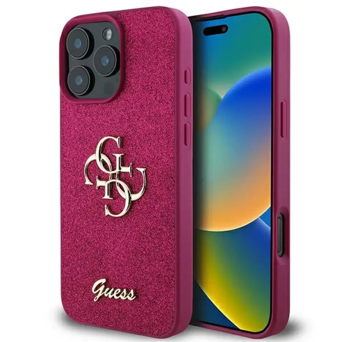 Голям калъф Guess Glitter Script 4G за iPhone 16 Pro - лилав