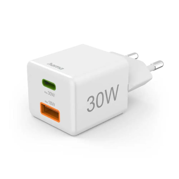 HAMA Бързо мини Gan зарядно 30 W 1x USB-C 1x USB-A PD бял