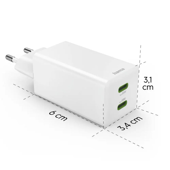 HAMA Бързо зарядно 220V 65W GaN 2x USB-C PD 201994