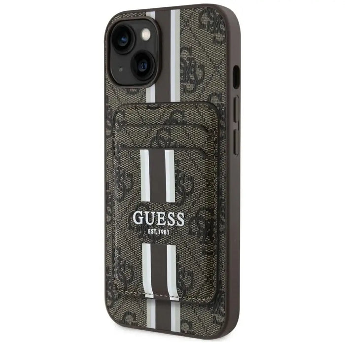 Калъф Guess 4G Stripes с портфейл Magsafe за iPhone 15 кафяв