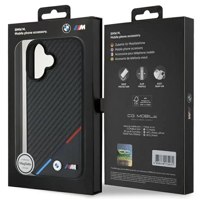 Калъф BMW M Carbon Tricolor Line MagSafe iPhone 16 - черен