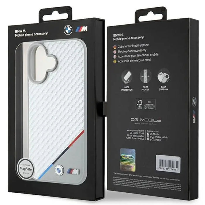 Калъф BMW M Carbon Tricolor Line MagSafe за iPhone 16 - сив