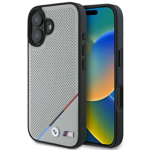 Калъф BMW M Perforated Tricolor Line MagSafe iPhone 16 - сив