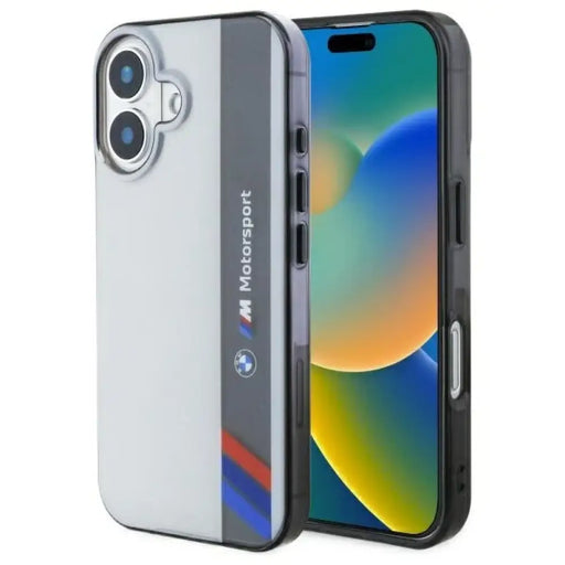 Калъф BMW Motosport IML Vertical Stripe iPhone 16 Plus - сив