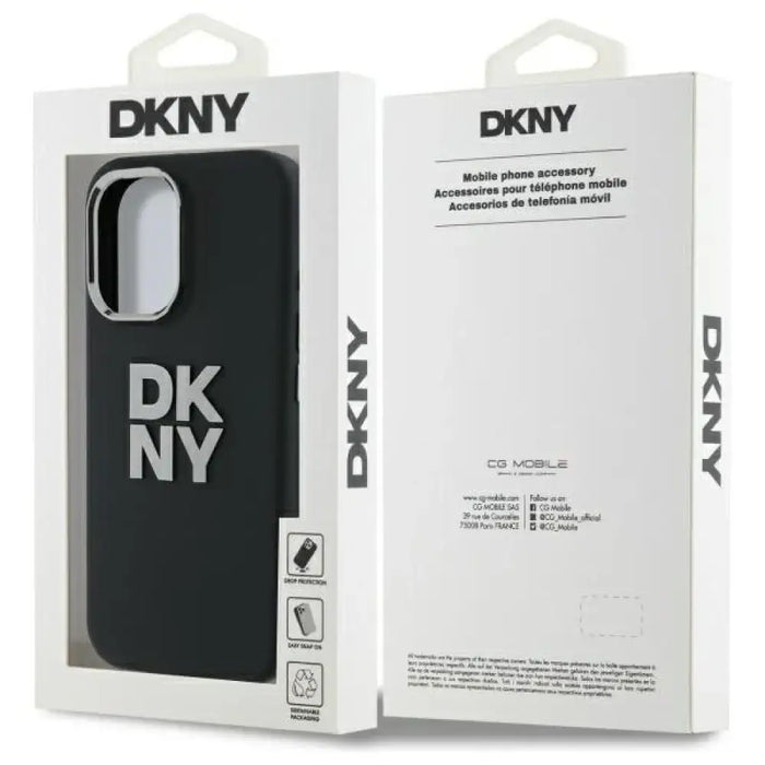 Калъф DKNY Liquid Silicone Metal Logo iPhone 16 - черен