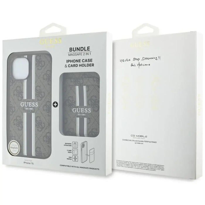 Калъф Guess 4G Stripes с портфейл Magsafe за iPhone 15 кафяв