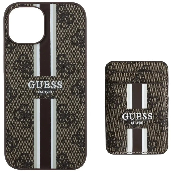 Калъф Guess 4G Stripes с портфейл Magsafe за iPhone 15 кафяв