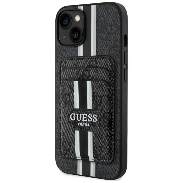 Калъф Guess 4G Stripes с портфейл Magsafe за iPhone 15 черен