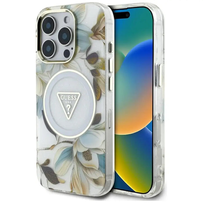 Калъф Guess Glitter Flowers Triangle Buttons MagSafe Case