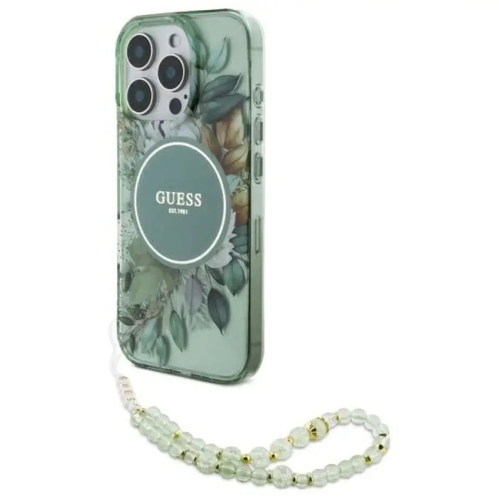 Калъф Guess IML Flowers With Pearl Strap MagSafe за iPhone
