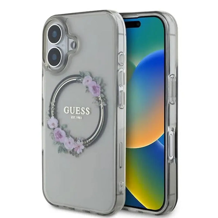 Калъф Guess IML Flowers Wreath MagSafe за iPhone 16 - черен