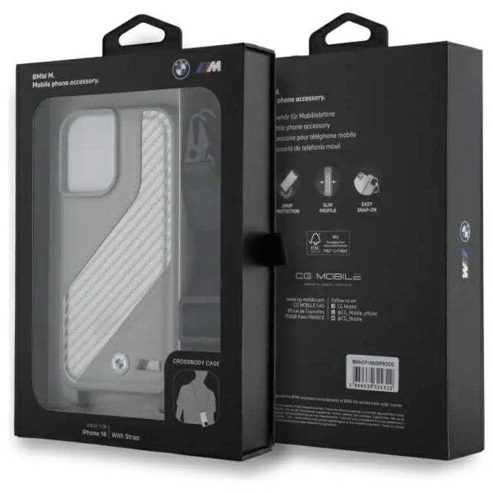 Калъф за iPhone 16 BMW M Edition Carbon Stripe & Strap - сив