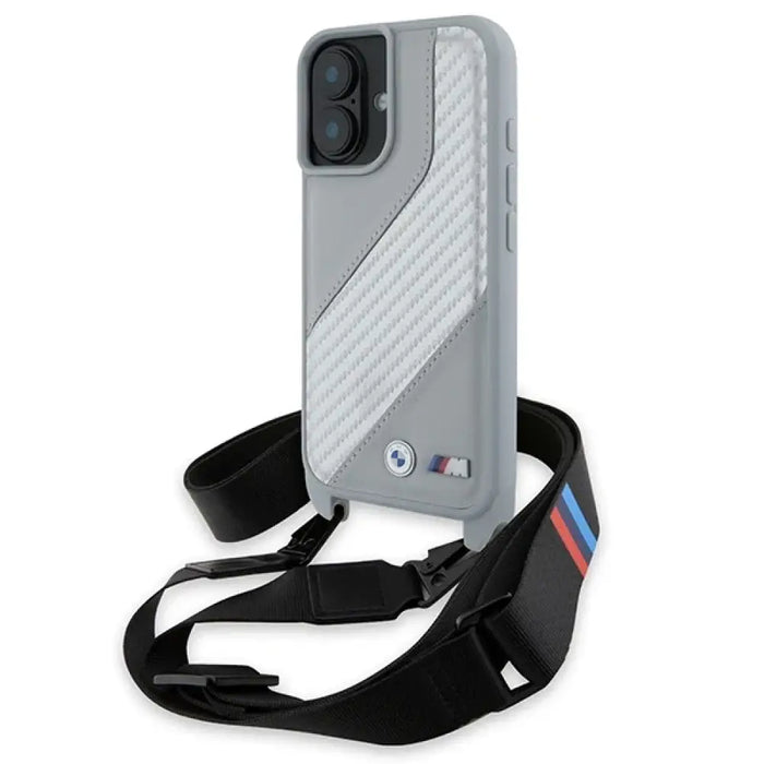 Калъф за iPhone 16 BMW M Edition Carbon Stripe & Strap - сив