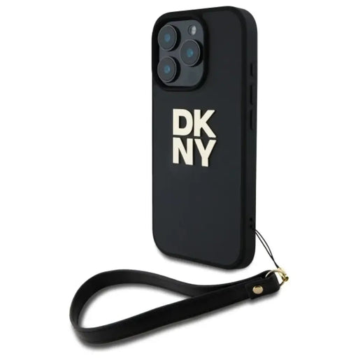 Калъф за iPhone 16 Pro с лого на DKNY за китка - черен