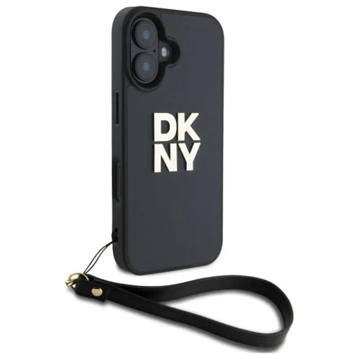 Калъф за iPhone 16 с лого и каишка на DKNY - черен