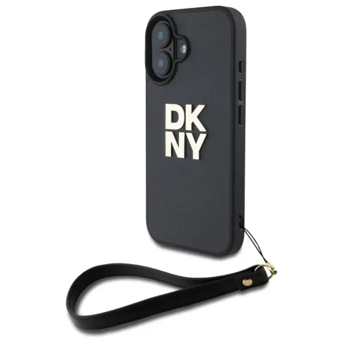 Калъф за iPhone 16 с лого и каишка на DKNY - черен