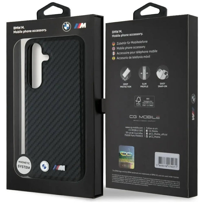 Кожен калъф BMW Carbon MagSafe за Samsung Galaxy S25 - черен