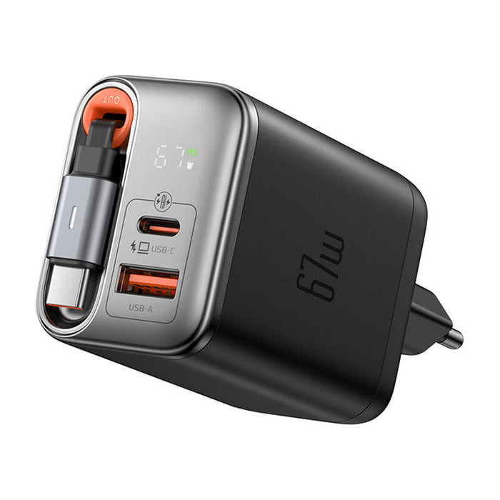 2в1 зарядно с кабел McDodo CH-4100, 67W, GaN, USB-C+A, 65cm, USB-C, черно