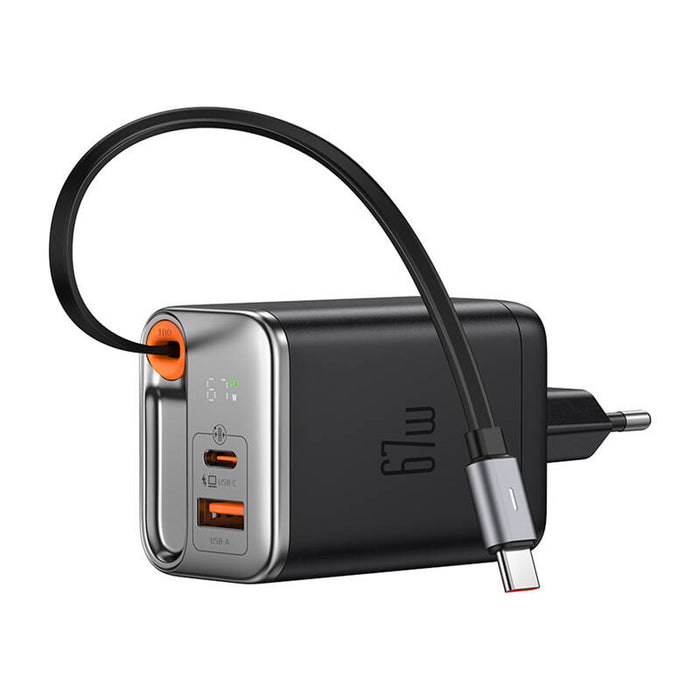 2в1 зарядно с кабел McDodo CH-4100, 67W, GaN, USB-C+A, 65cm, USB-C, черно