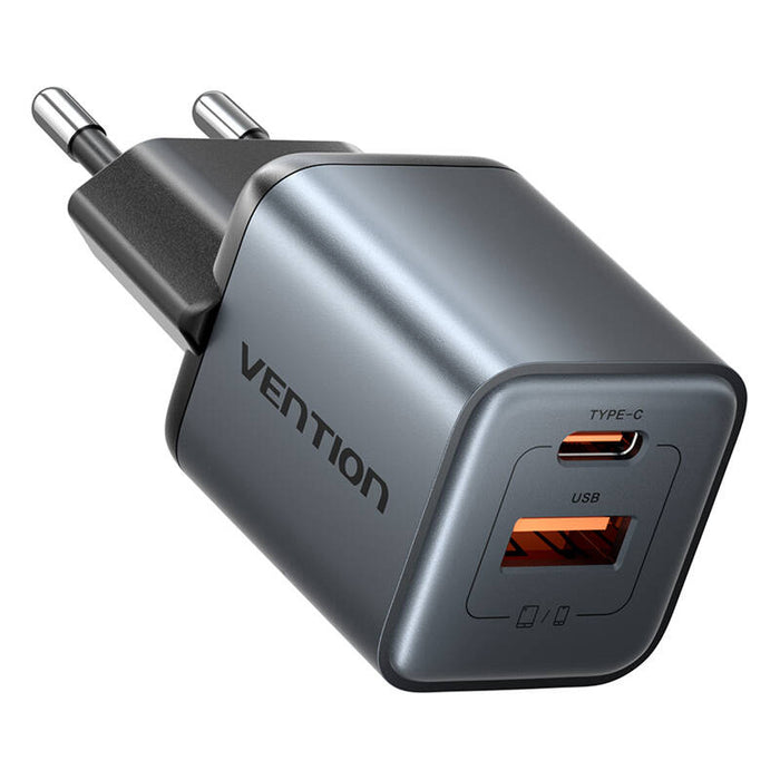Зарядно Vention, USB-C + USB-A, 30W, GaN, сиво