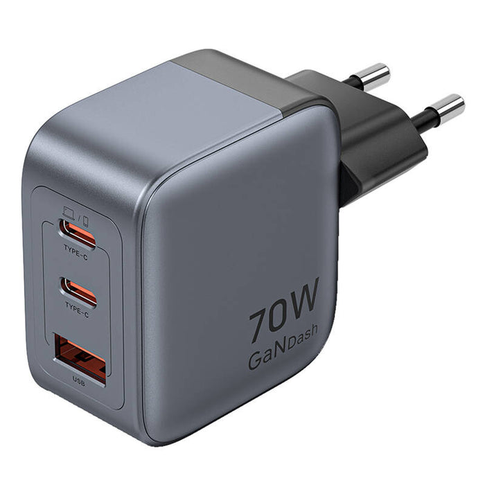 Зарядно Vention, USB-C+C+A, 70W, GaN, сиво