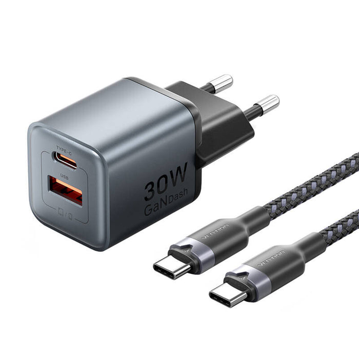 Зарядно с кабел Vention, USB-C+A, 30W, GaN, USB-C-C, 1m, сиво