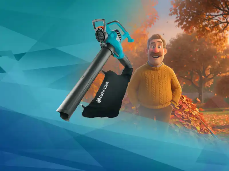 Синьо и черно листоразпръсквач с извито ръкохватка.