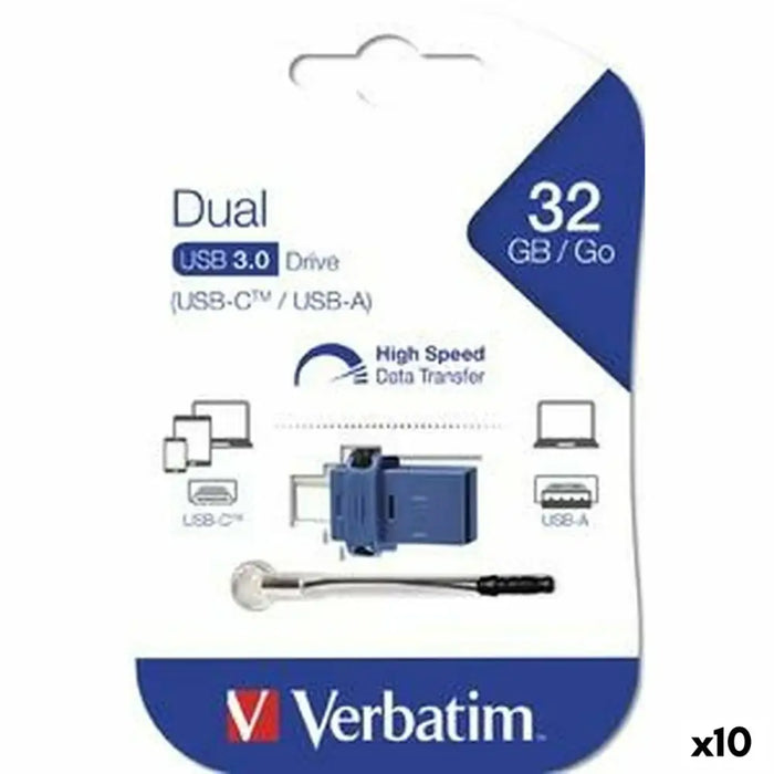 USB стик Verbatim GO SPEED DUAL Син 32 GB (10 броя)