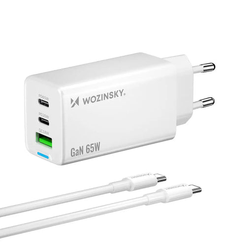 Wozinsky GaN 65W зарядно с 2xUSB-C USB порта с 65W CC кабел