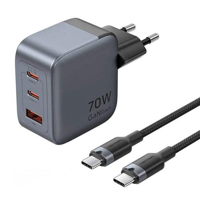 Зарядно с кабел Vention USB-C + C + A 70W GaN USB-C-C 1m
