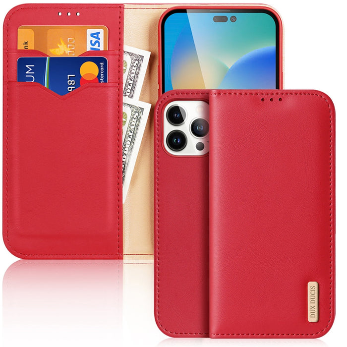 Кожен калъф с отделение за карти Dux Ducis Hivo за iPhone 14 Pro Max, червен