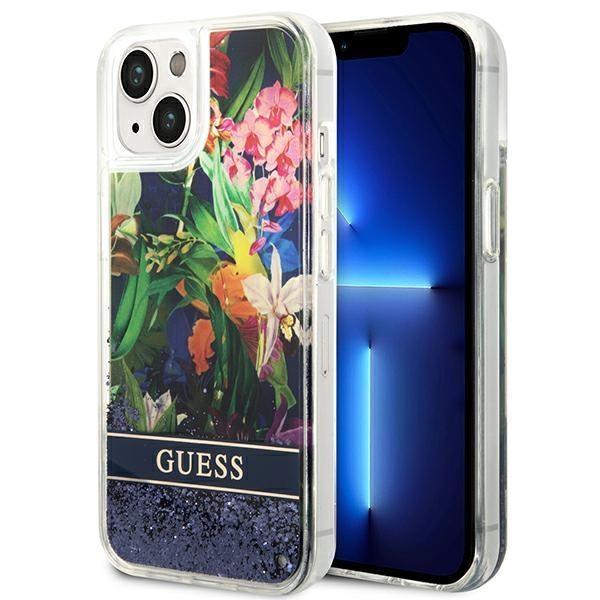 Кейс Guess GUHCP14MLFLSB за iPhone 14 Plus 6.7", син / син, твърд, Flower Liquid Glitter