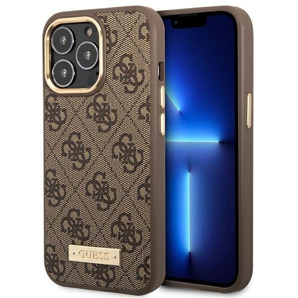 Кейс Guess GUHMP14XU4GPRW за iPhone 14 Pro Max 6.7", кафяв / кафяв, твърд, 4G Logo Plate MagSafe