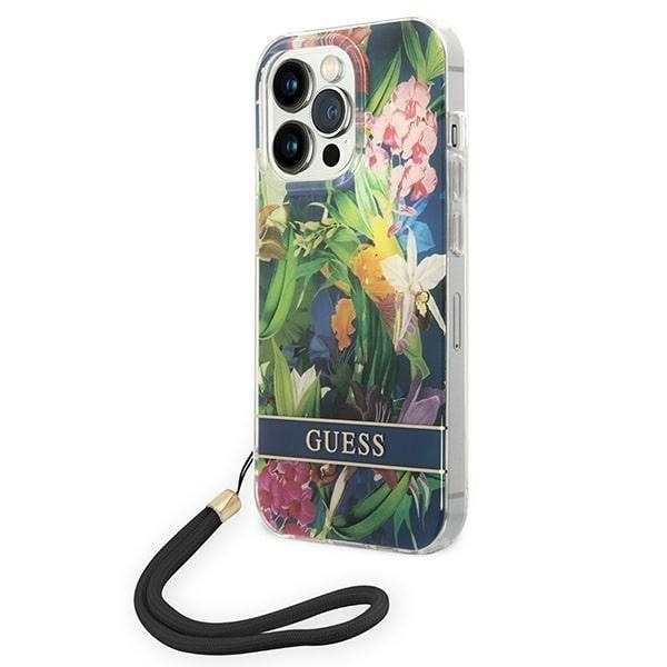 Кейс Guess GUOHCP14XHFLSB за iPhone 14 Pro Max 6.7", син / син, твърд, Flower Strap